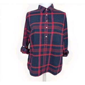 Tommy Hilfiger Top Women’s L Red Blue Plaid Roll Tab Sleeve Preppy